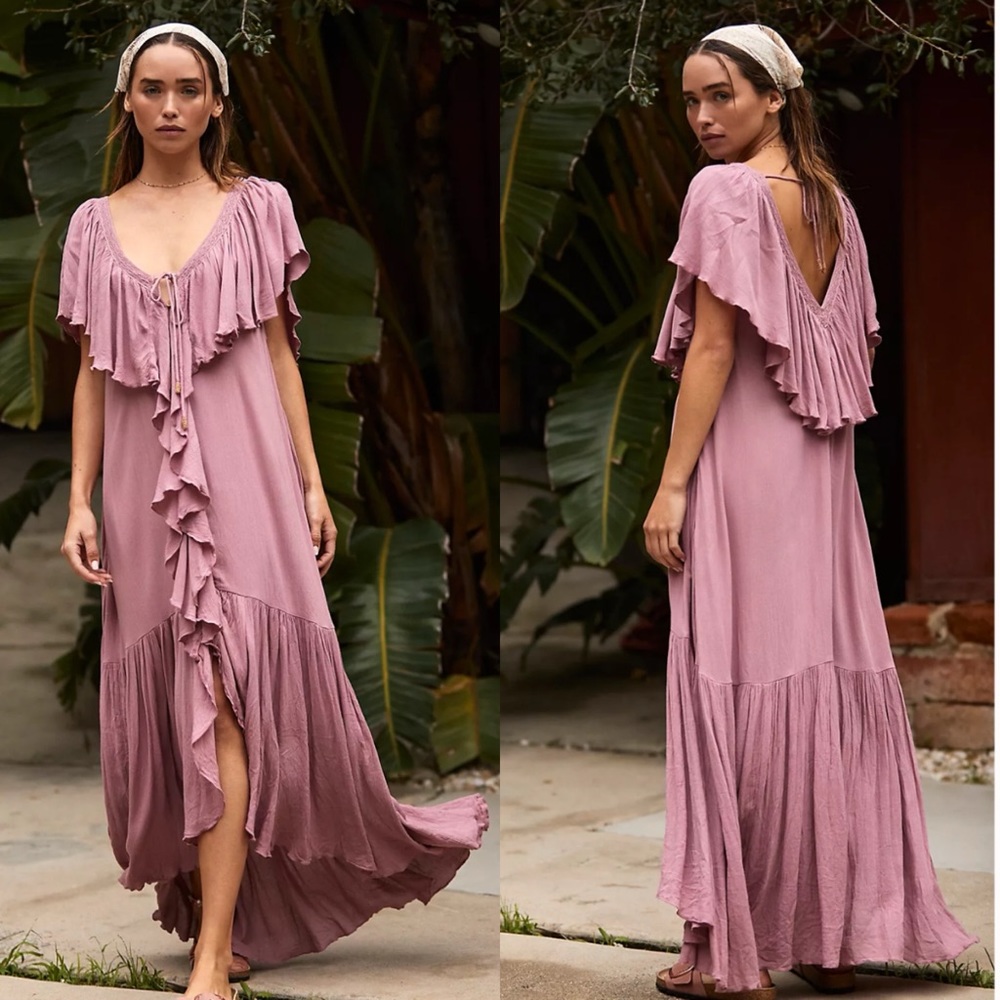 Free people mind floats maxi dress ruffle high low XS dried currant mauve pink